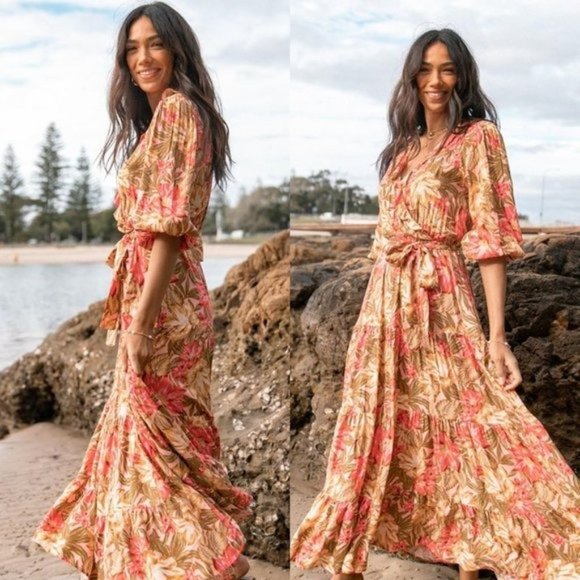 Petal & Pup Dresses & Skirts - Petal & Pup NEW Pissaro Boho Floral Tiered Belted Maxi Dress Pink Tan Size S